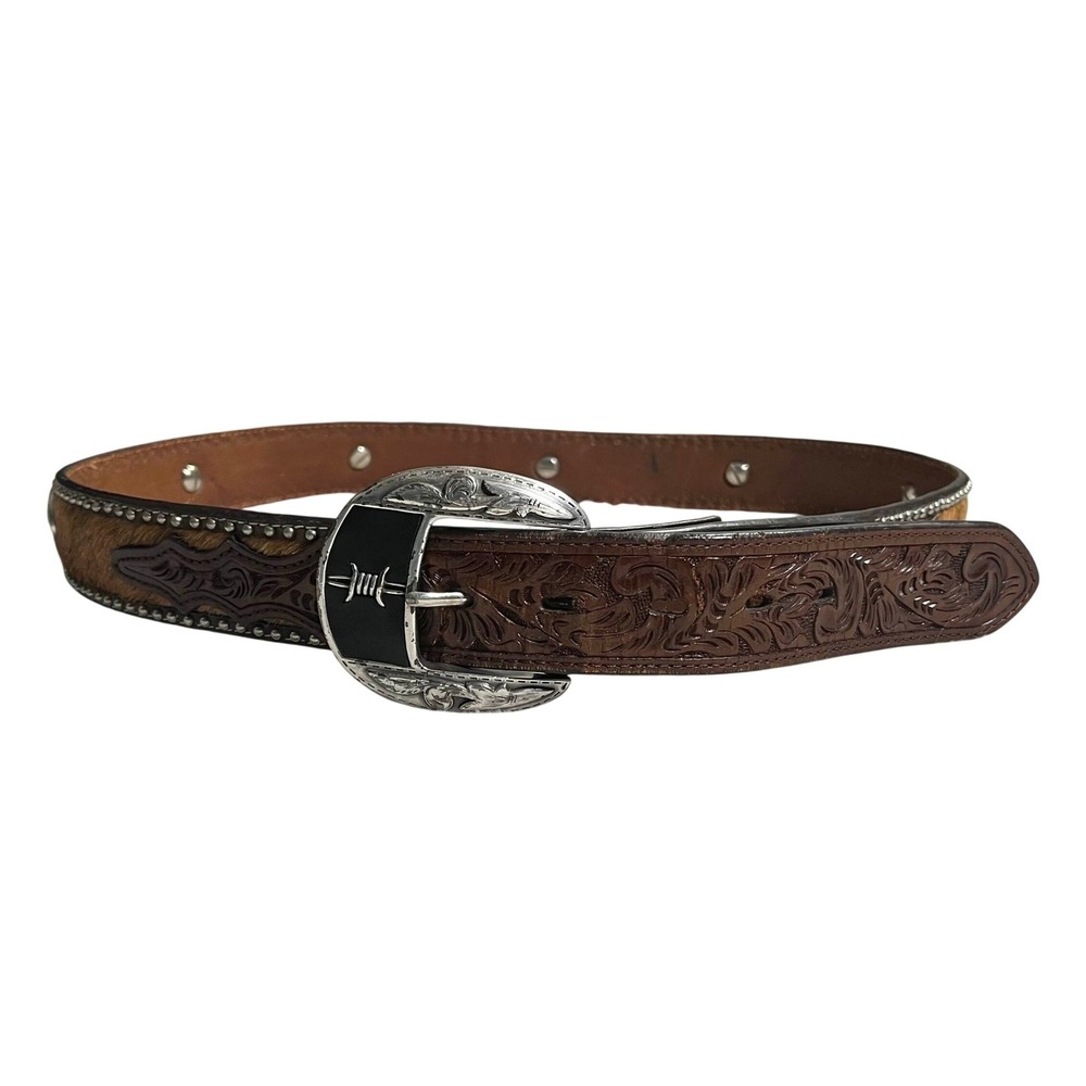 Mens Western Genuine Leather Hair-on Cowhide Belt Silver Buckle Cross - Picture 3 of 10